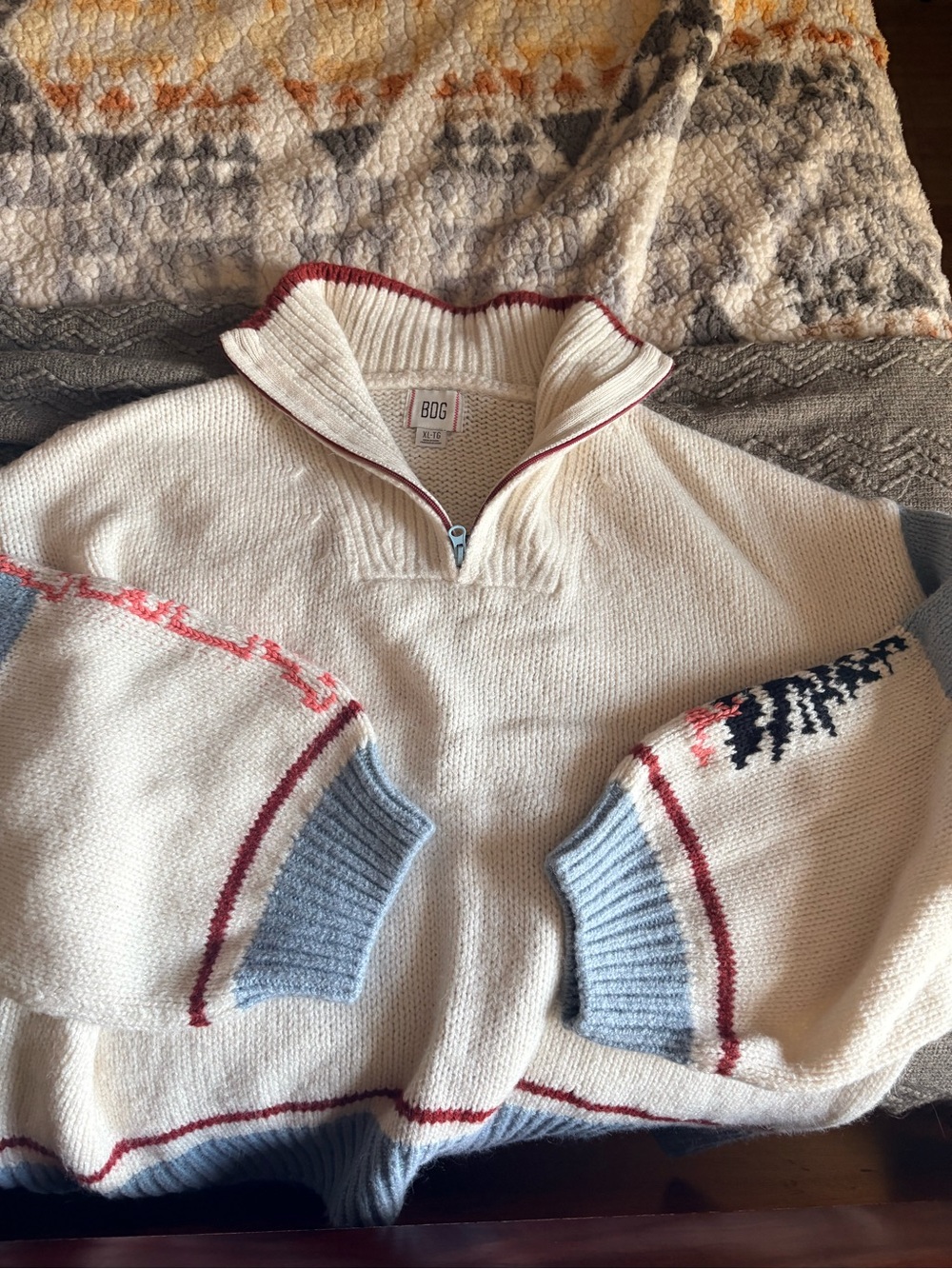 BOG Cream Half-Zip Turtleneck Sweater with Light Blue and Burgundy Trim